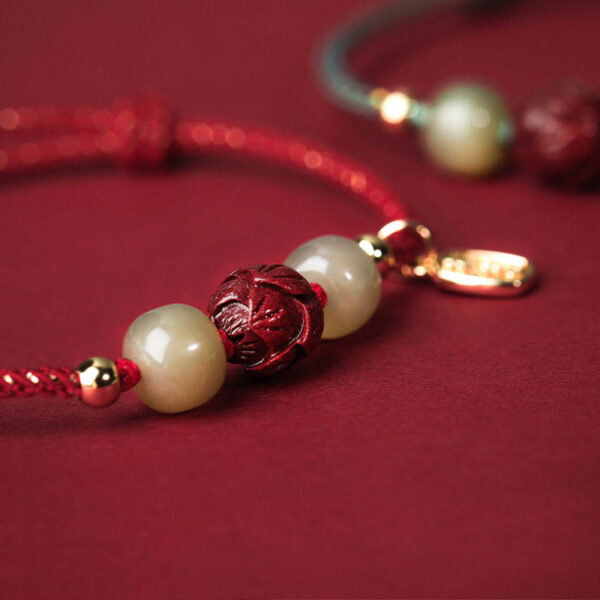 14K Gold Plated Hetian Jade Cinnabar Lotus Luck Handcrafted Rope Bracelet - 图片 4