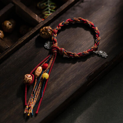 Buddha Stones Tibetan Handmade Colorful Thread 925 Sterling Silver Koi Fish Protection Strength String Bracelet